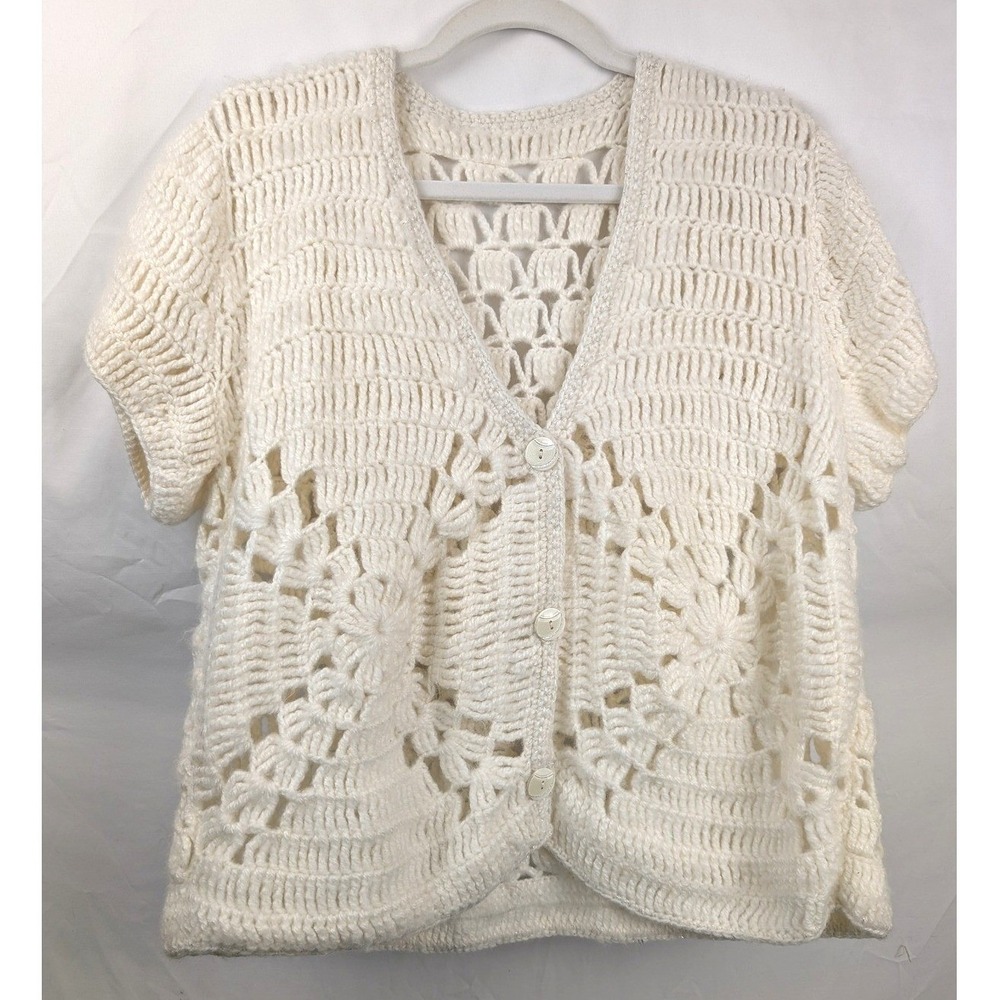 Hand Knit Crochet Button‎ Cardigan Size M White Cottagecore 90s Fairy Layering